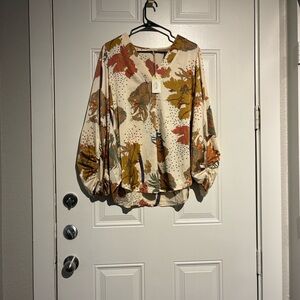 JODIFL Floral Blouse in Cream and Brown NWT Size L
